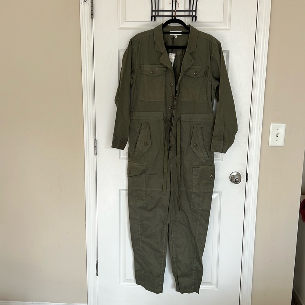 Alex Mill Long Sleeve Button Up Cargo Cotton Jumpsuit Size L Olive Green - Picture 5 of 11